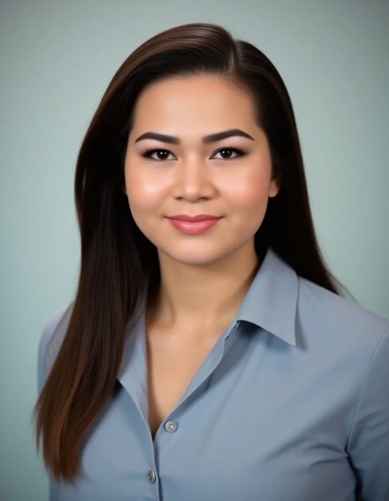 About Us 7 a woman with long brown hair wearing a blue shirt