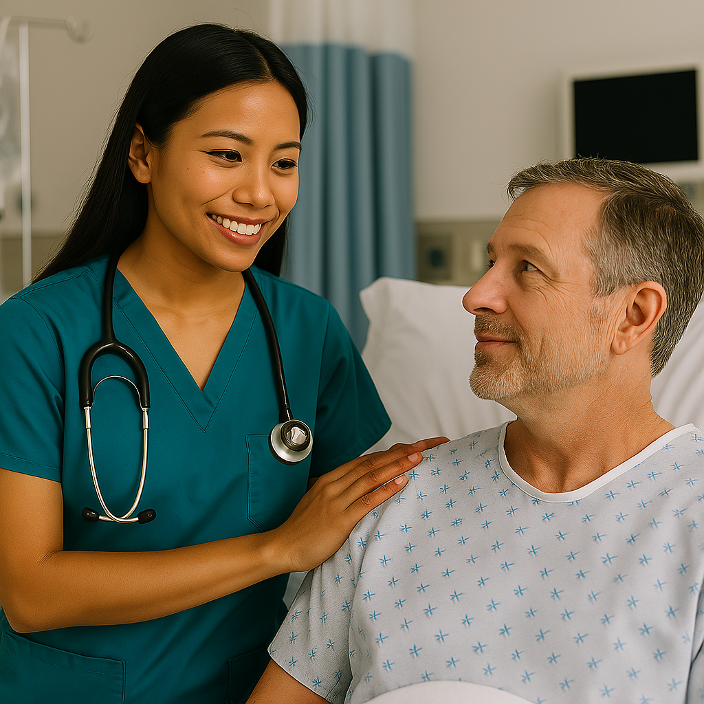 a woman in a hospital room with a man in a hospital bed