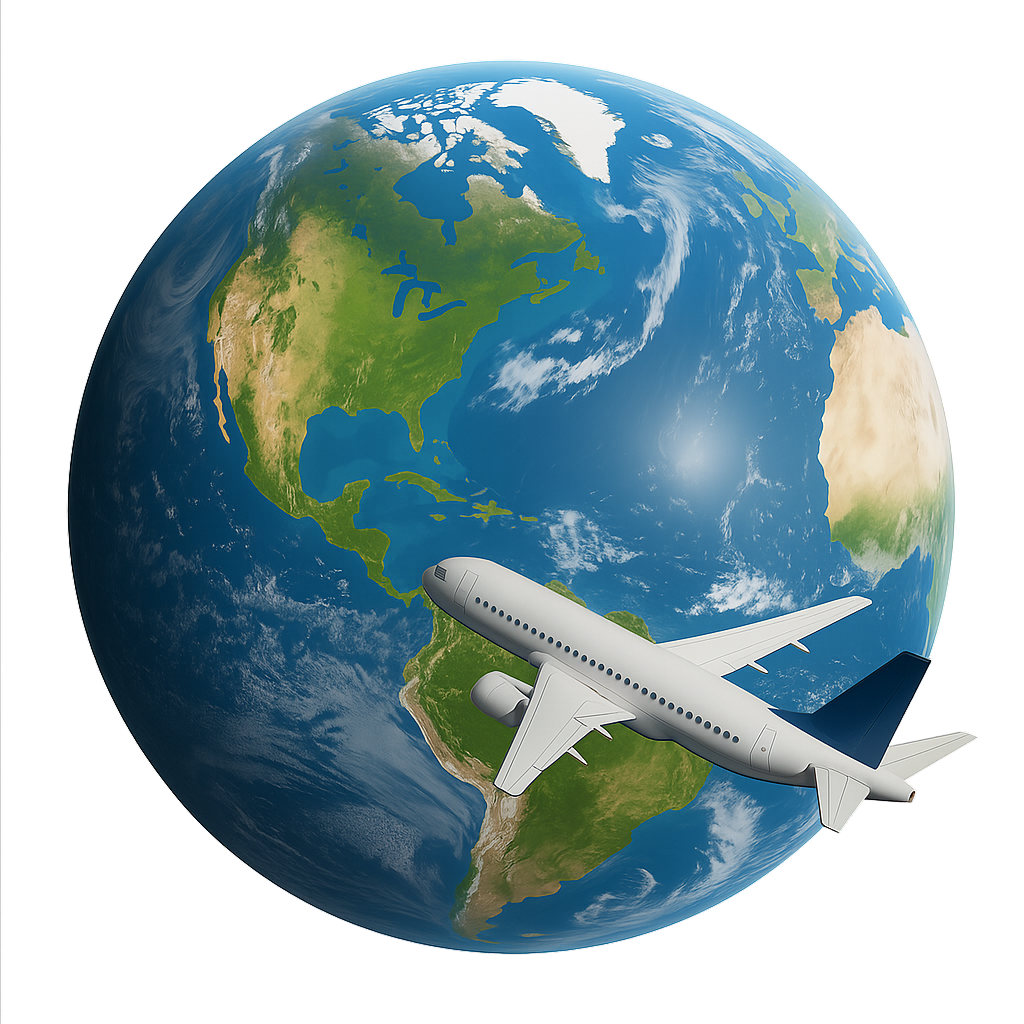 3D-rendered image of Earth with a jet flying toward North America on a clean white background.