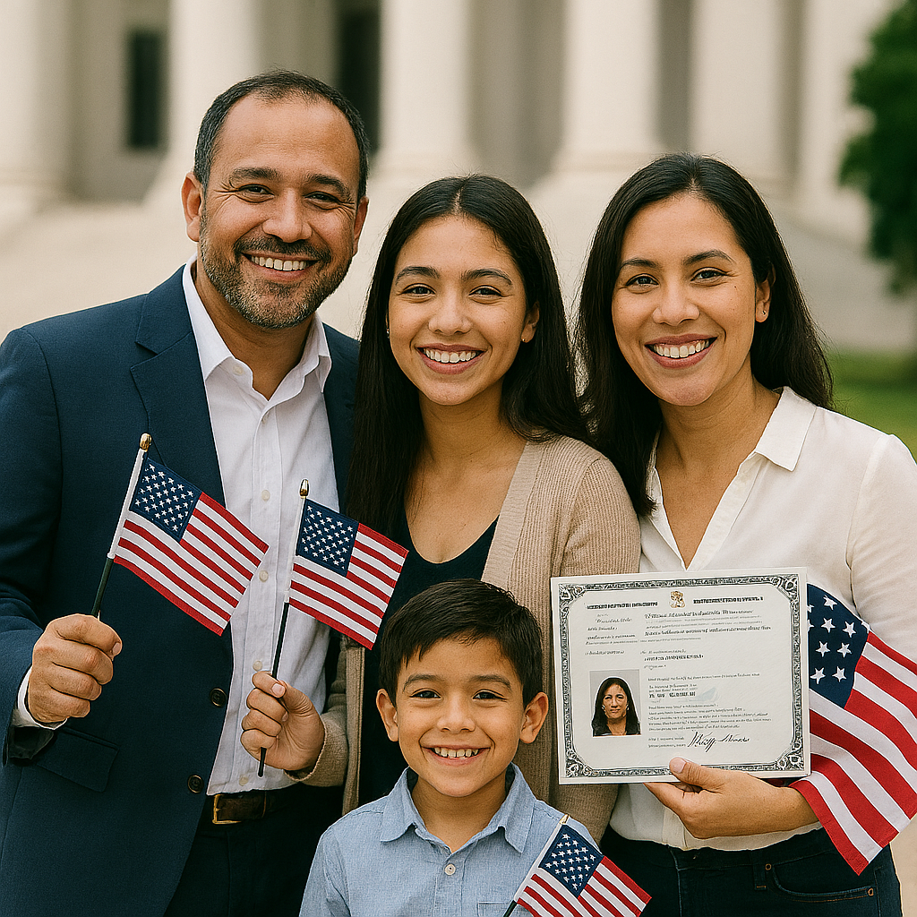A smiling immigrant family standing together after a naturalization ceremony