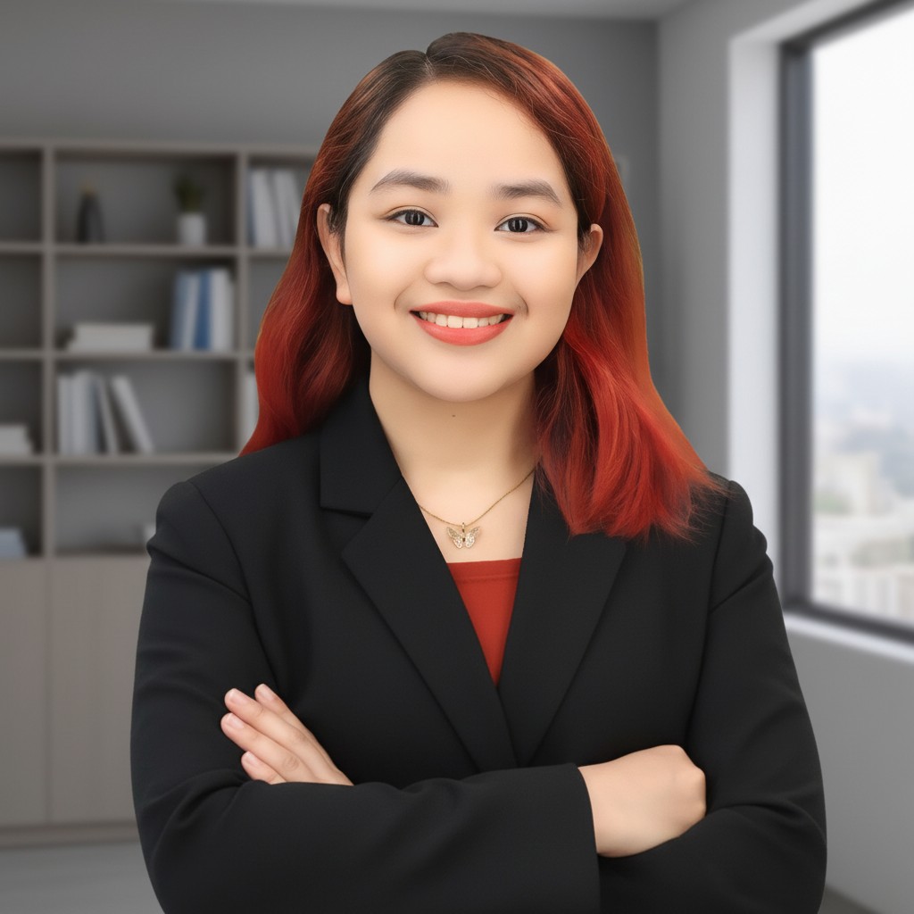 About Us 17 Aldaia Auman standing in a modern office with arms crossed, smiling, wearing a black blazer over a red top, with a cityscape and bookshelf in the background.