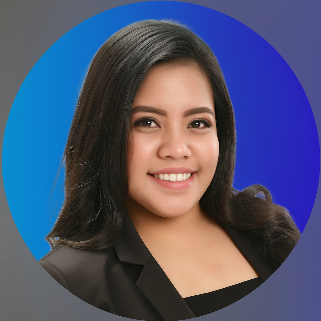 About Us 15 Professional headshot of a smiling Southeast Asian woman with long black hair, wearing a black blazer and top, posed against a circular blue gradient background.