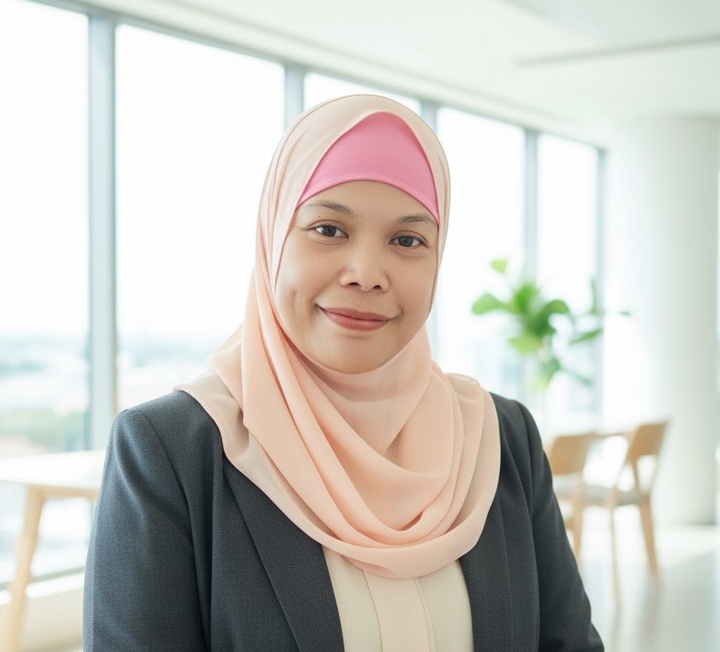 About Us 13 Person wearing a light pink hijab, white blouse, and dark gray blazer, standing in a sunlit modern office with wooden furniture and greenery.